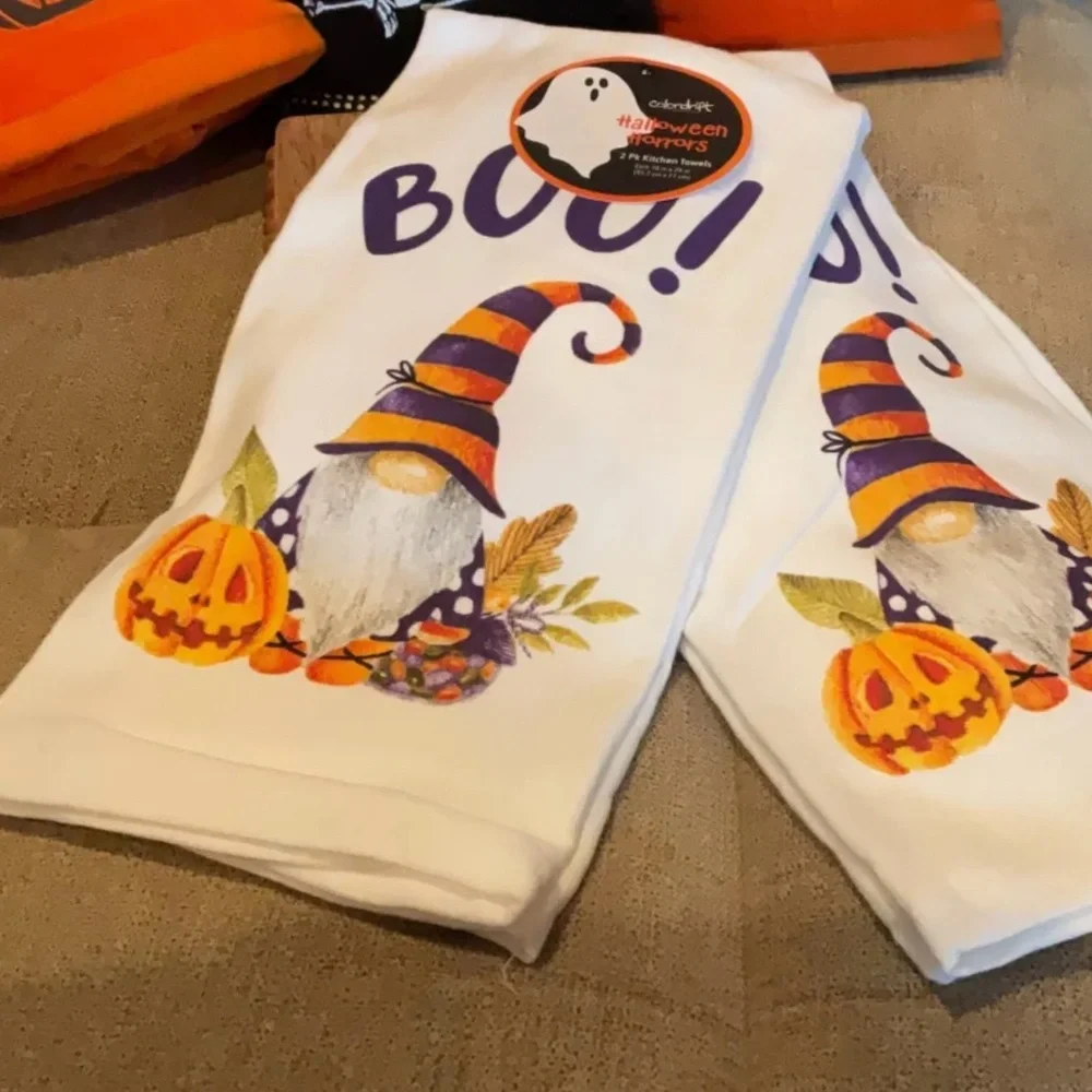 Halloween Kitchen Towels Set of 2 BOO! Adorable Purple and Orange GNOME NEW